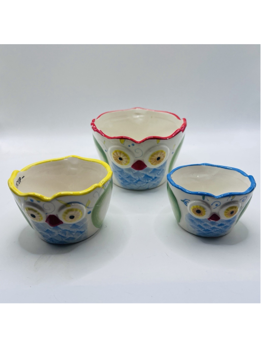 Set of (3) Pier 1 Imports Owl Nesting Measuring Cups Red Yellow Blue